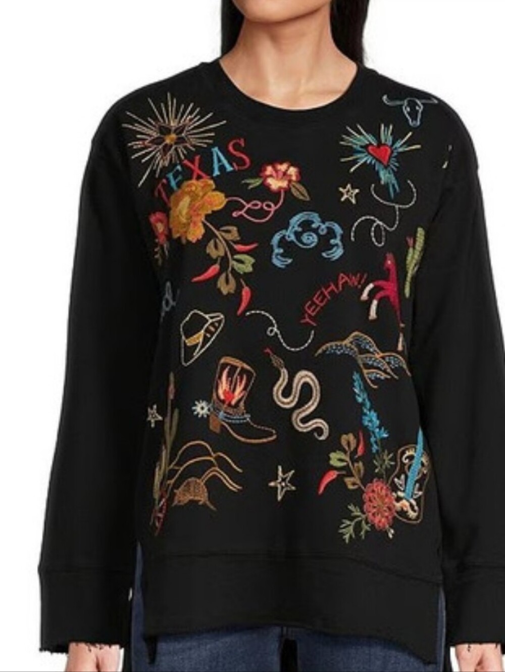 Johnny Was Black Sweatshirt with Multicolor Floral Embroidery